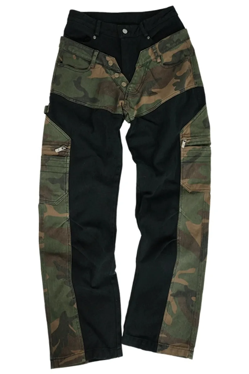 Camo Patchwork Wide-Leg Cargo Pants