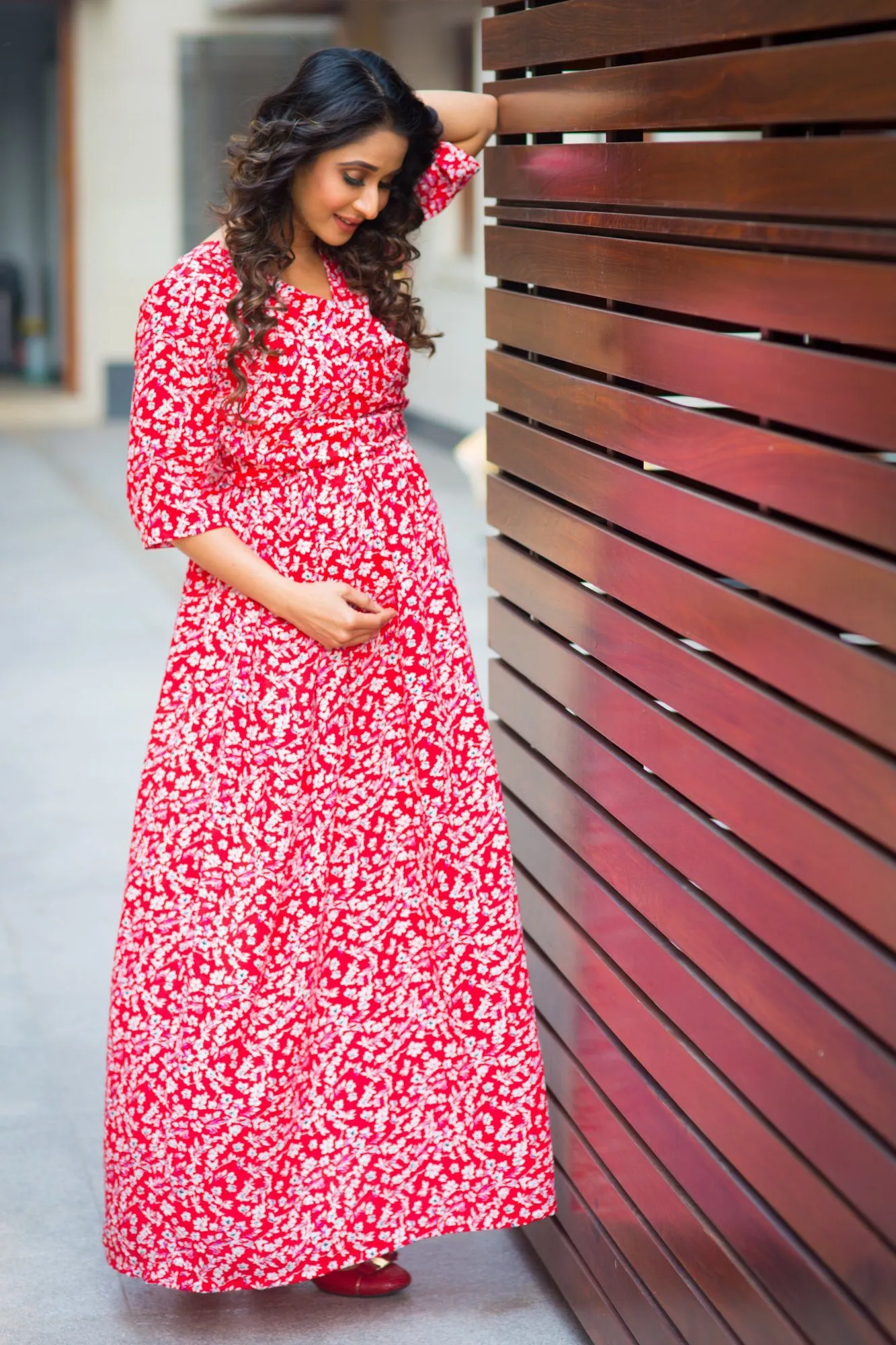 Candy Red Floral Maternity & Nursing Wrap Dress
