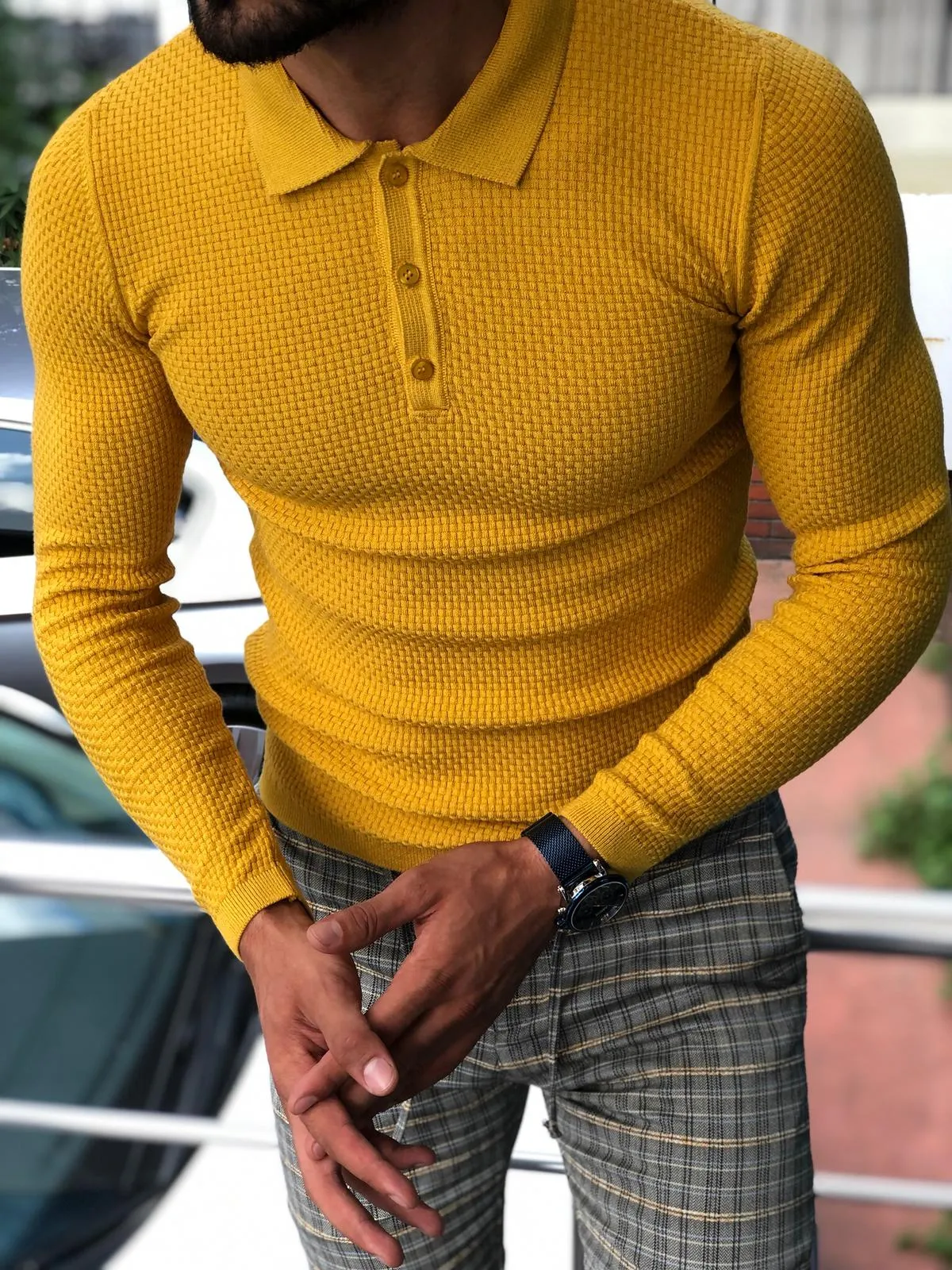 Carlos Slim-Fit Polo Sweater Mustard