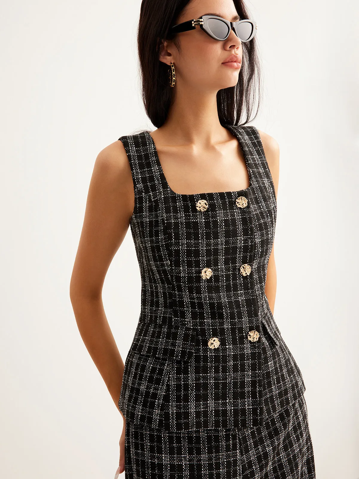 Checked Tweed Button Vest