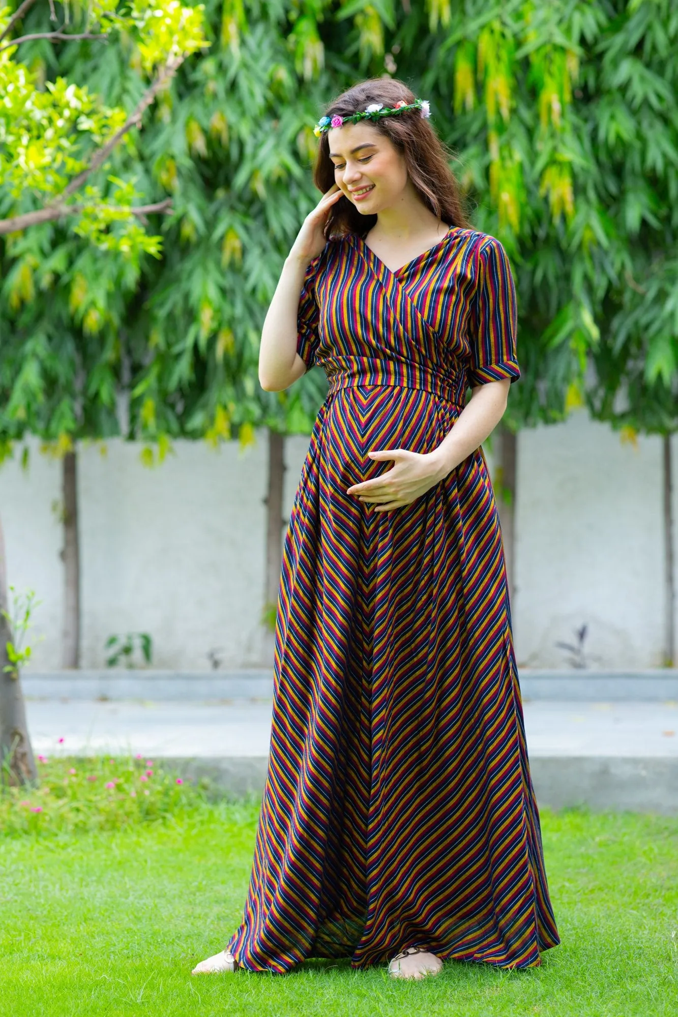 Chocolate Striped Maternity & Nursing Wrap Dress