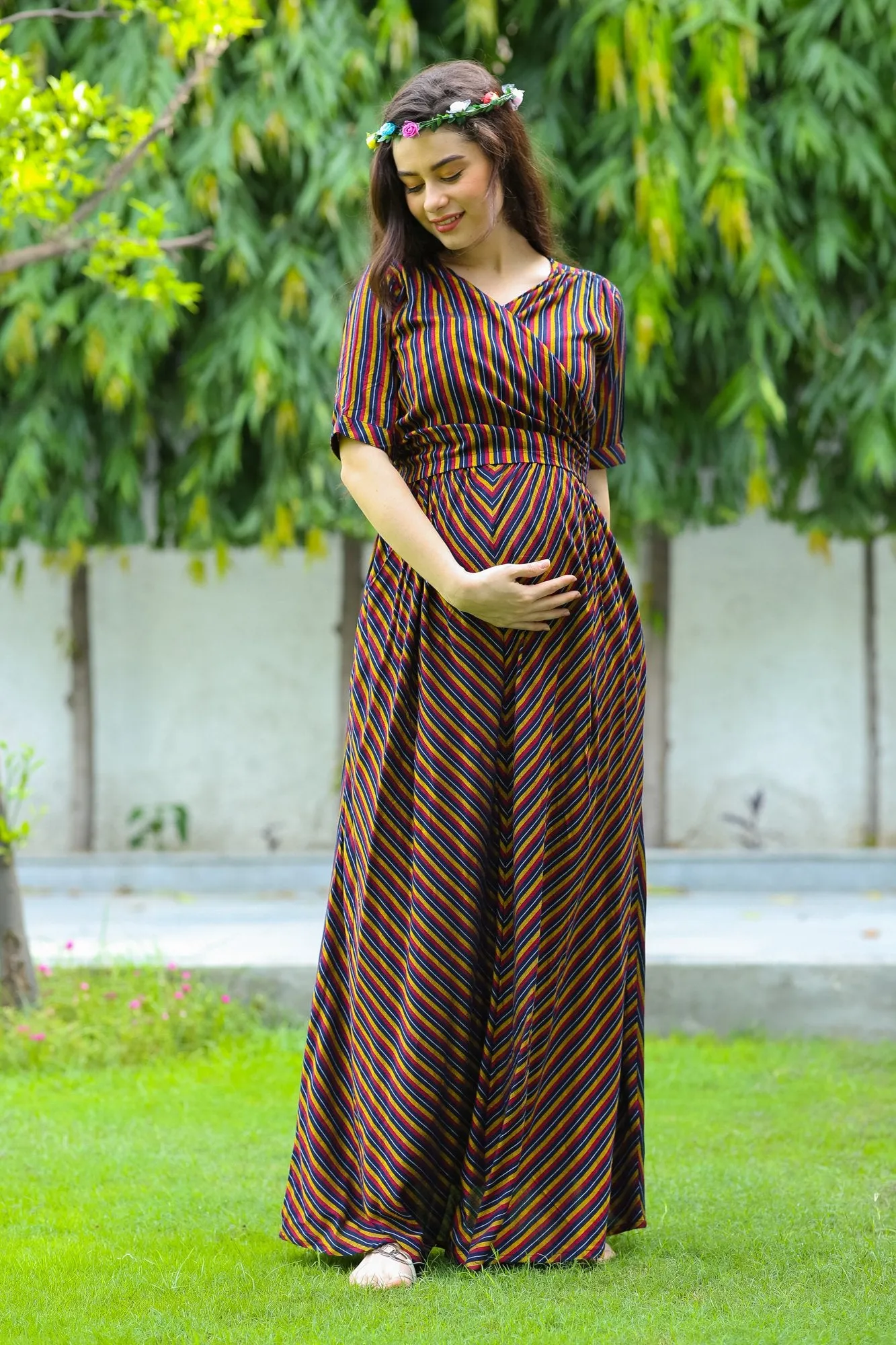 Chocolate Striped Maternity & Nursing Wrap Dress