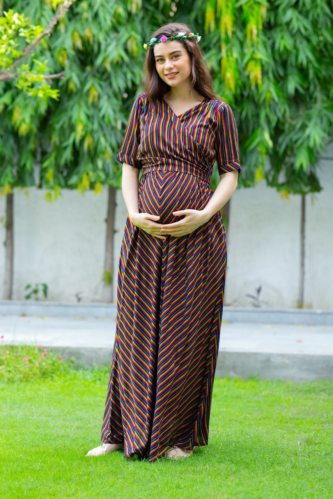 Chocolate Striped Maternity & Nursing Wrap Dress