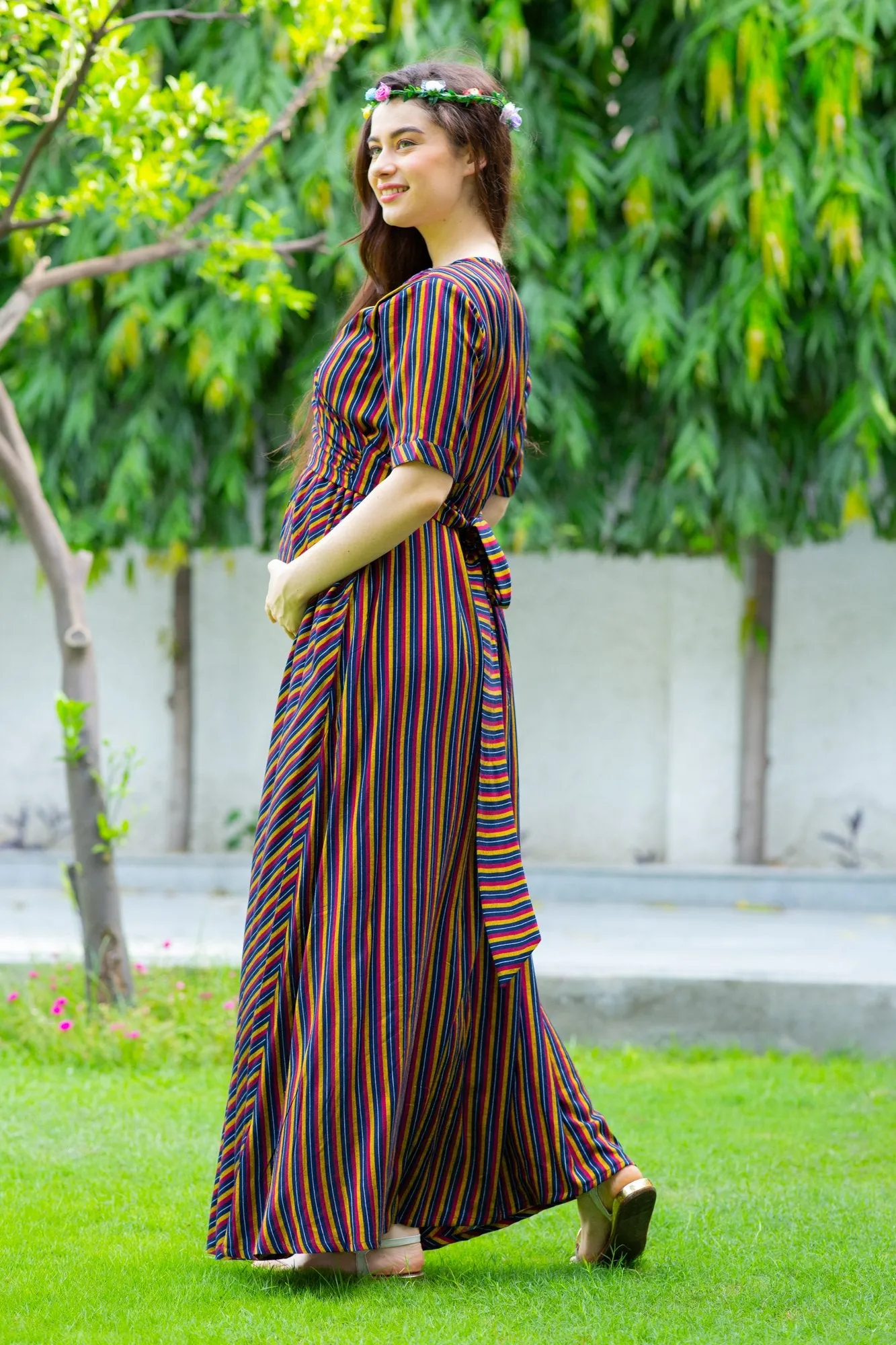 Chocolate Striped Maternity & Nursing Wrap Dress