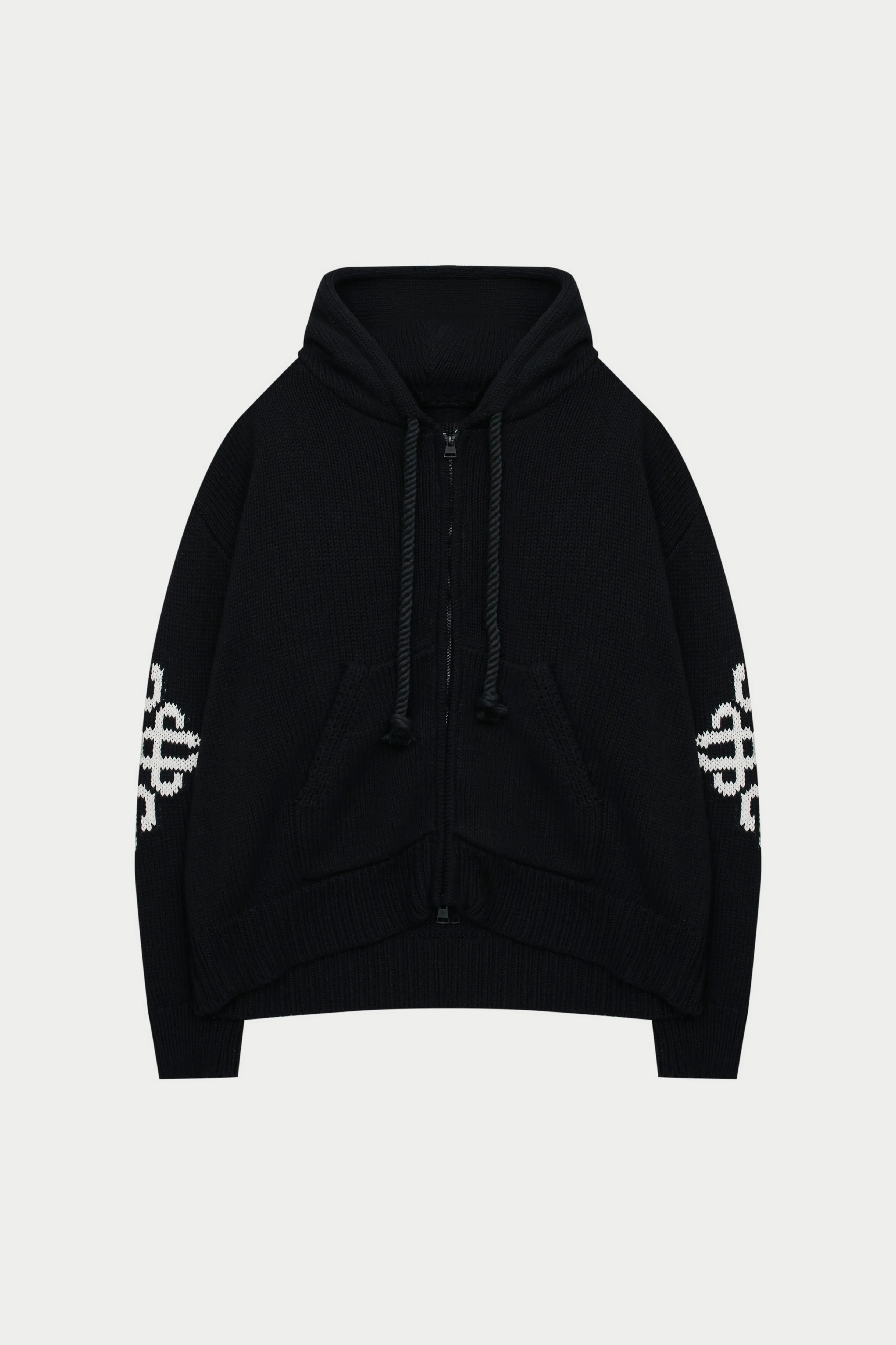 CHUNKY KNIT EMBLEM ZIP THROUGH HOODIE - BLACK