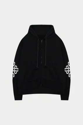 CHUNKY KNIT EMBLEM ZIP THROUGH HOODIE - BLACK