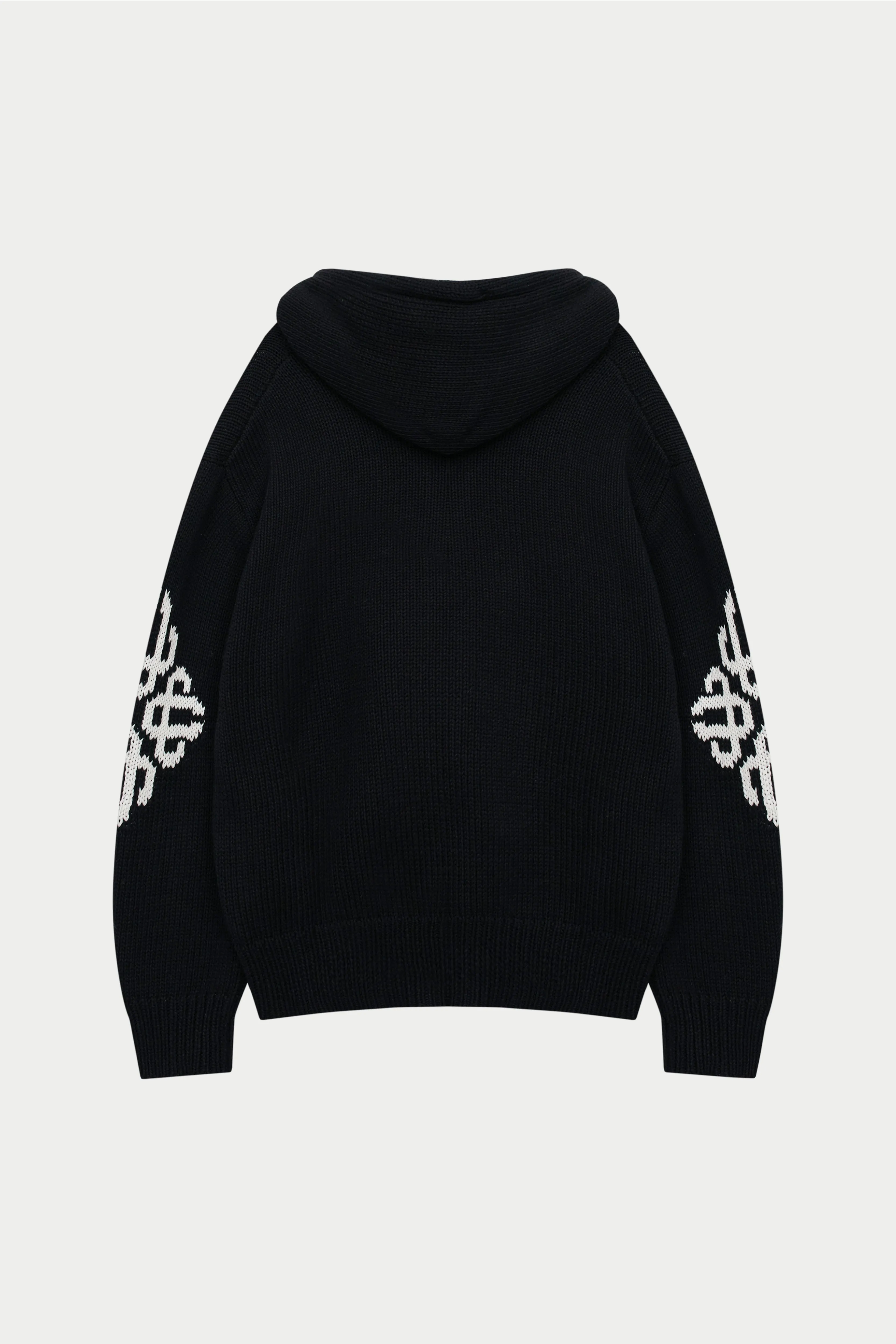 CHUNKY KNIT EMBLEM ZIP THROUGH HOODIE - BLACK