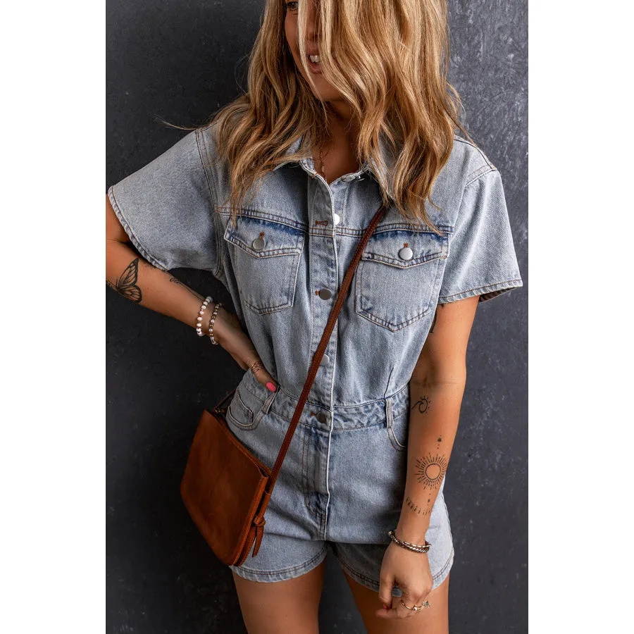 Collared Neck Short Sleeve Denim Romper