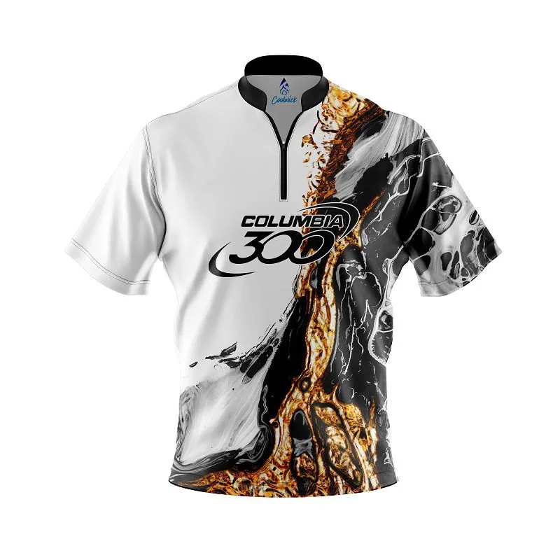 Columbia 300 Black And Gold Liquid Marble Quick Ship CoolWick Sash Zip Bowling Jersey