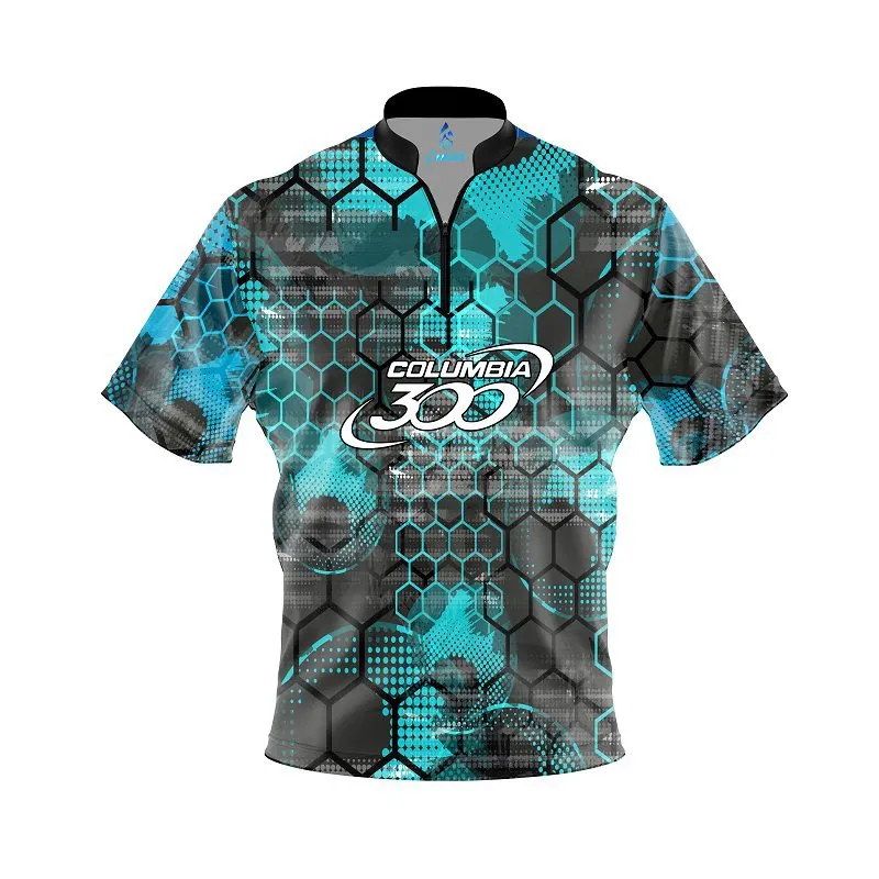 Columbia 300 Teal Honeycomb Quick Ship CoolWick Sash Zip Bowling Jersey