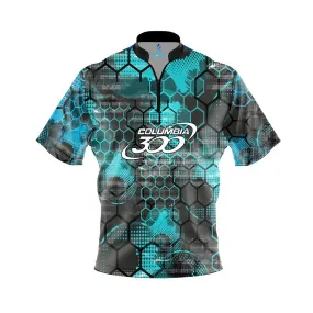 Columbia 300 Teal Honeycomb Quick Ship CoolWick Sash Zip Bowling Jersey