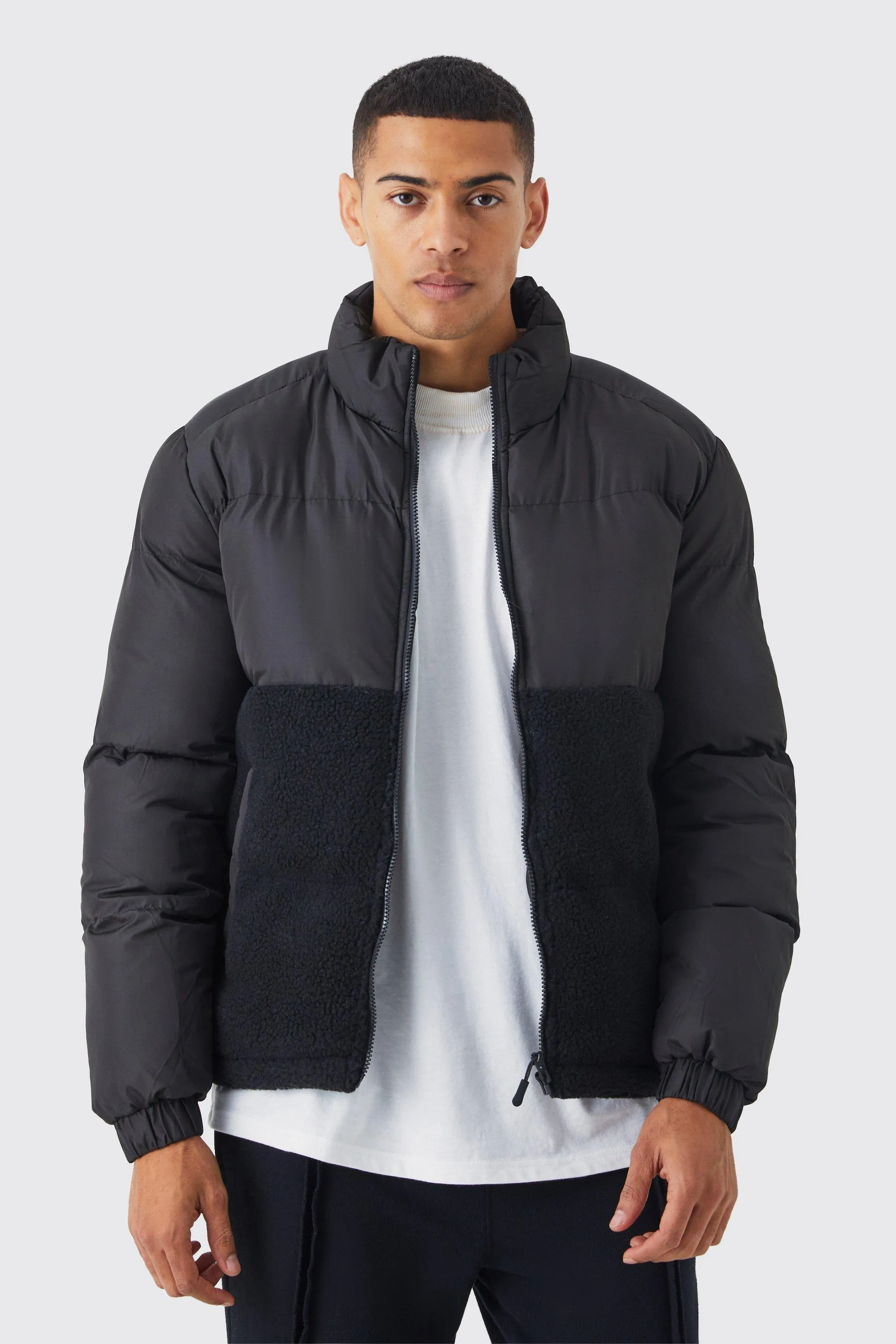 Contrast Borg Funnel Neck Puffer