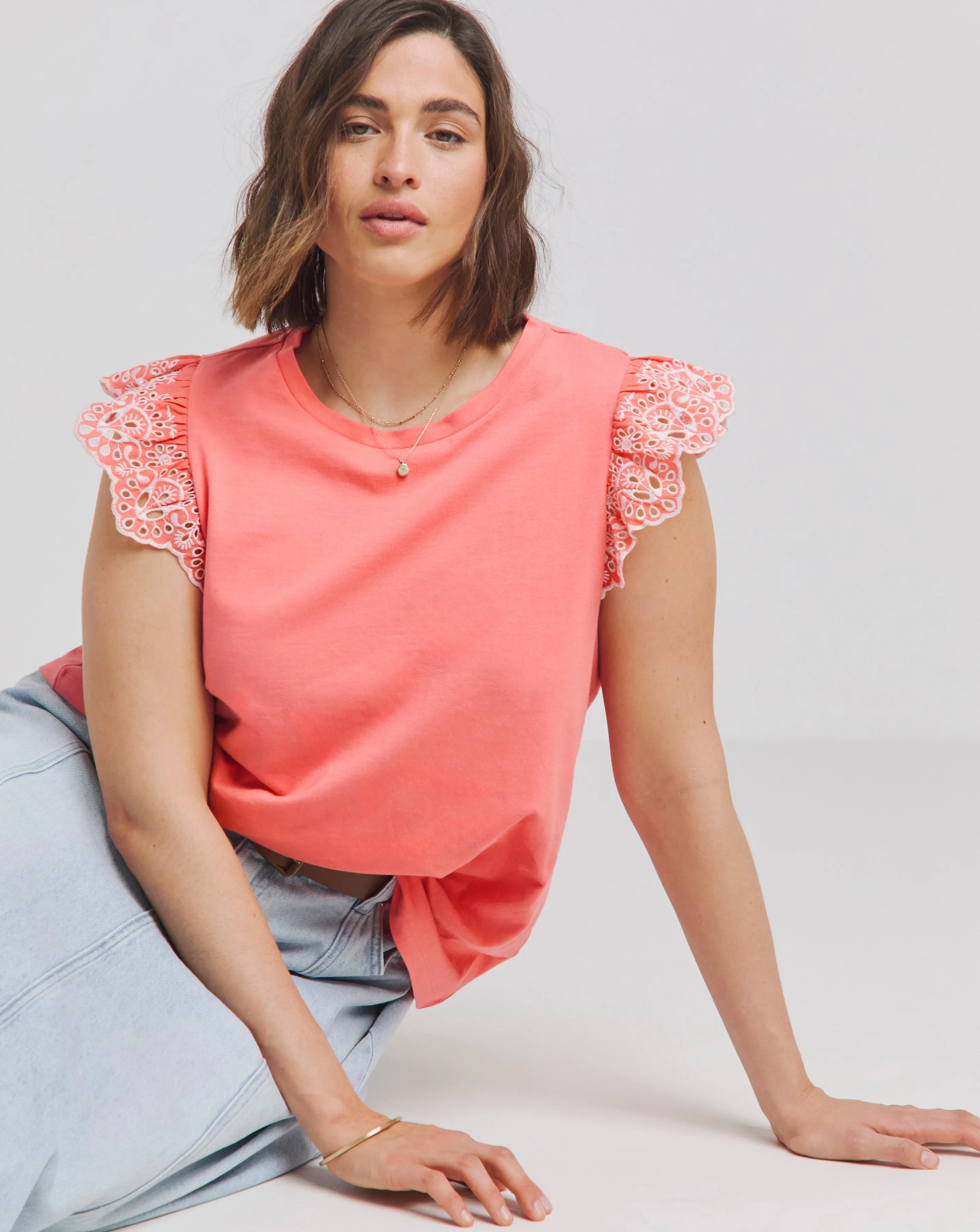 Coral Broderie Sleeve Vest | Simply Be
