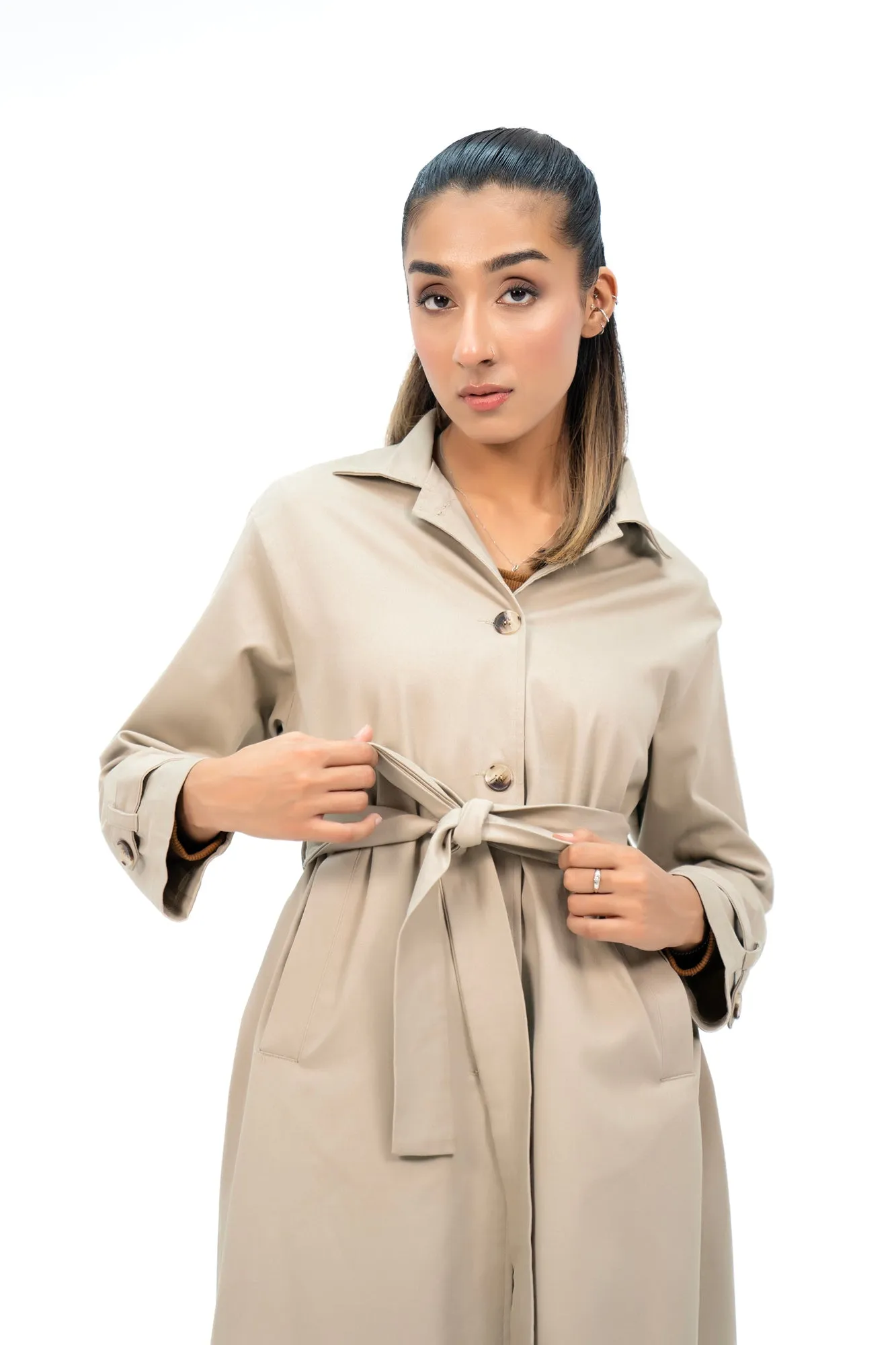 Cotton Trench Coat with Belt - Beige