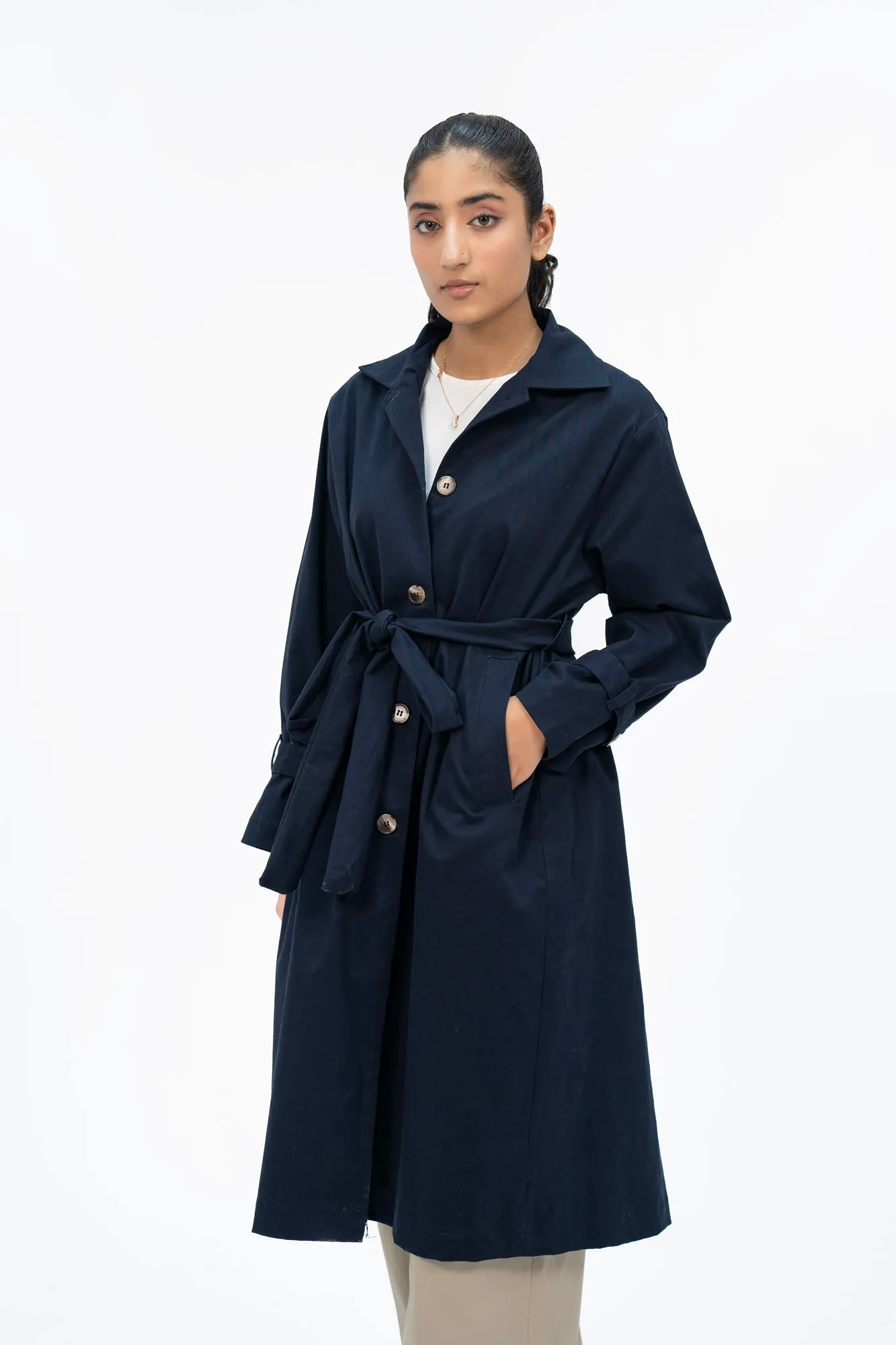 Cotton Trench Coat with Belt - Navy Blue