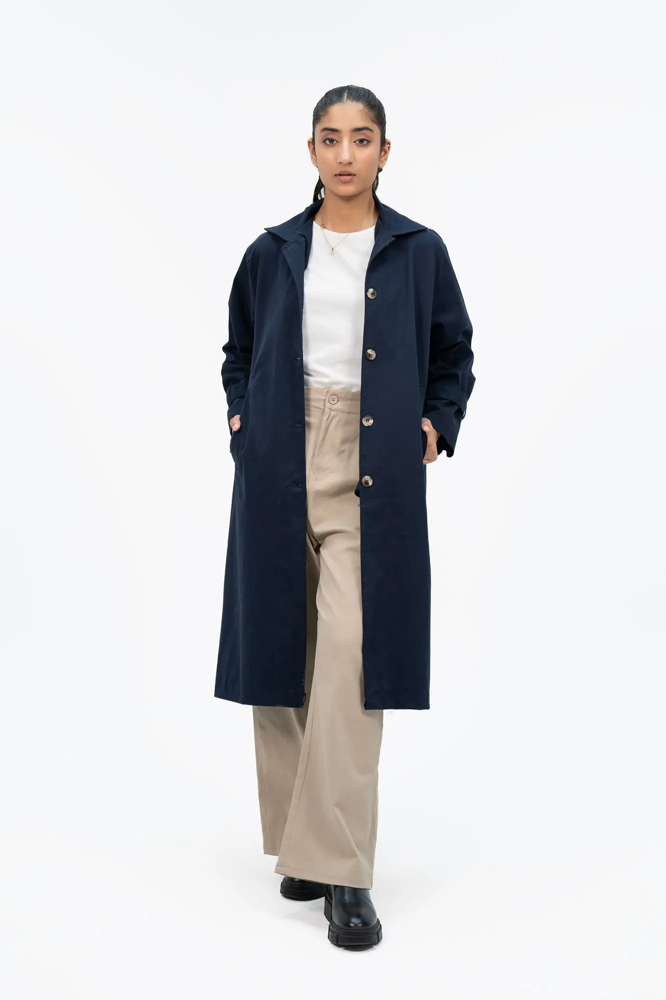 Cotton Trench Coat with Belt - Navy Blue