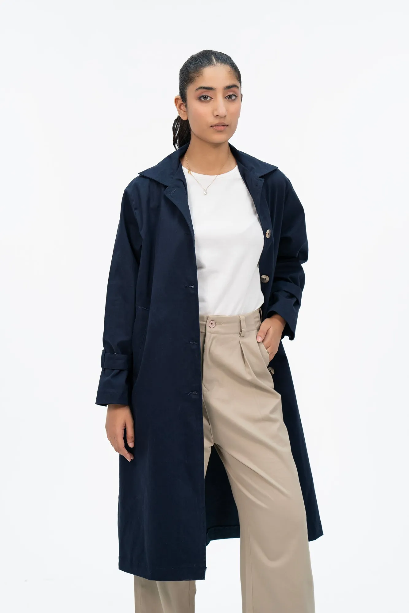 Cotton Trench Coat with Belt - Navy Blue