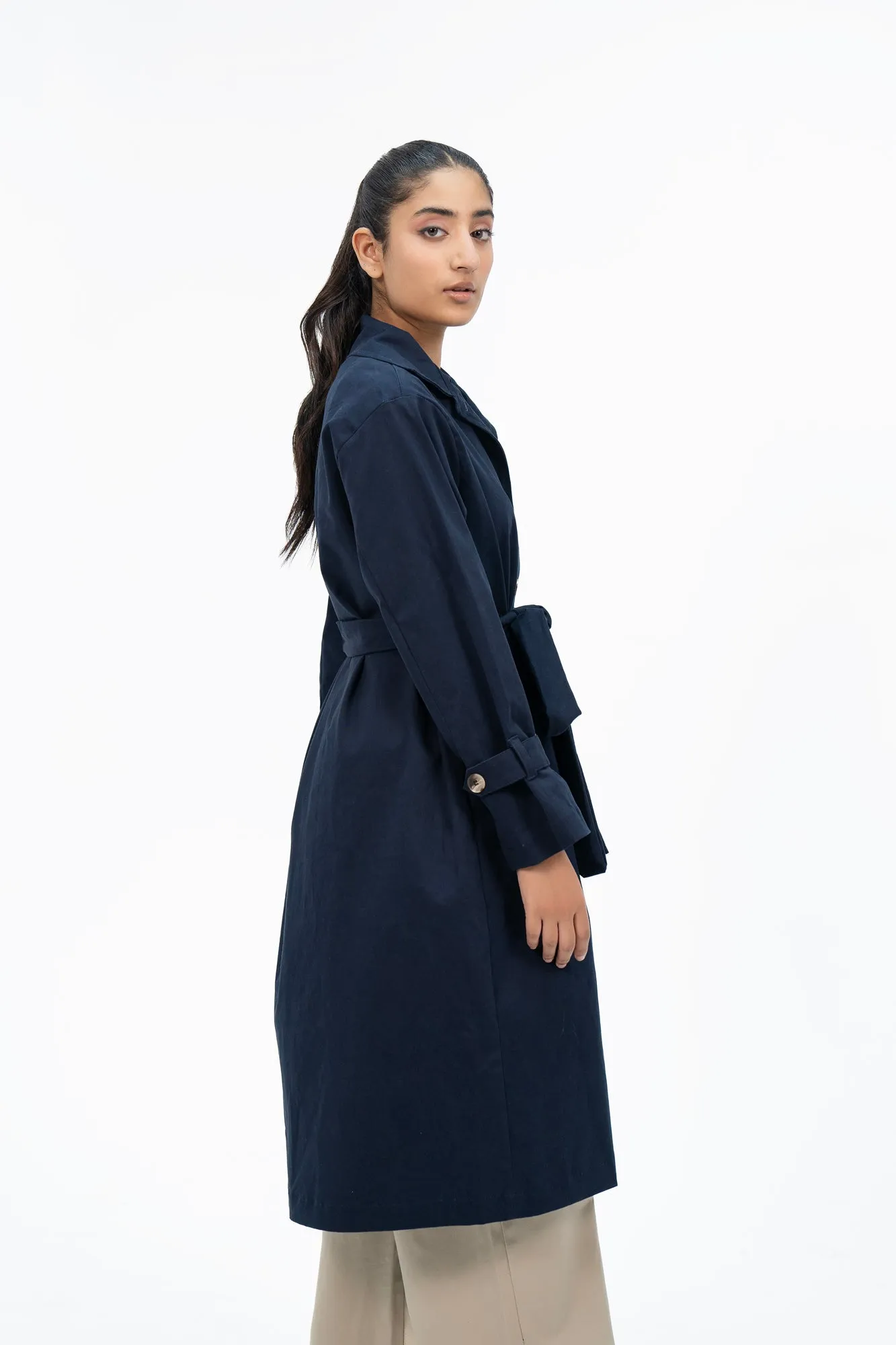 Cotton Trench Coat with Belt - Navy Blue