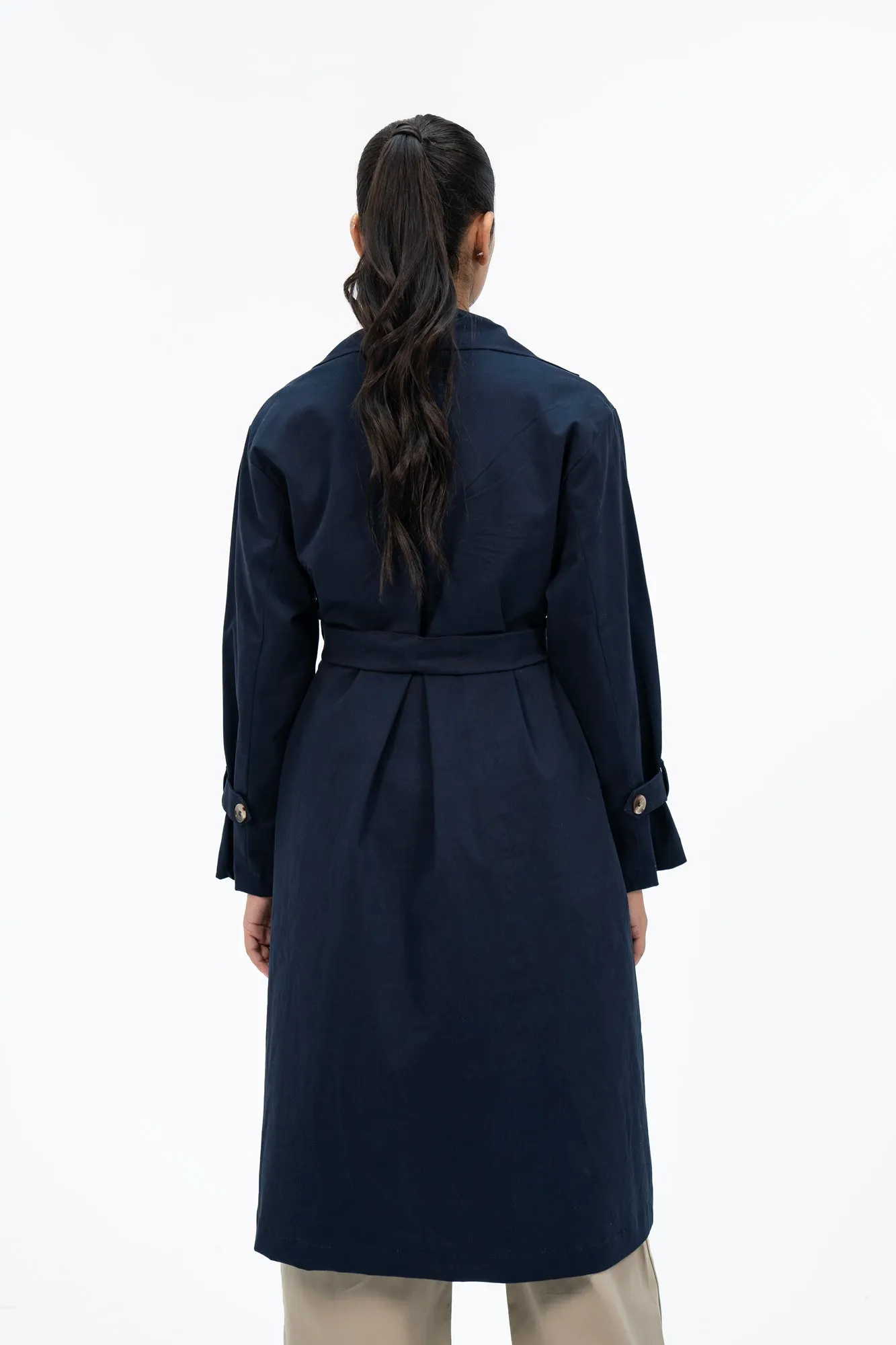 Cotton Trench Coat with Belt - Navy Blue