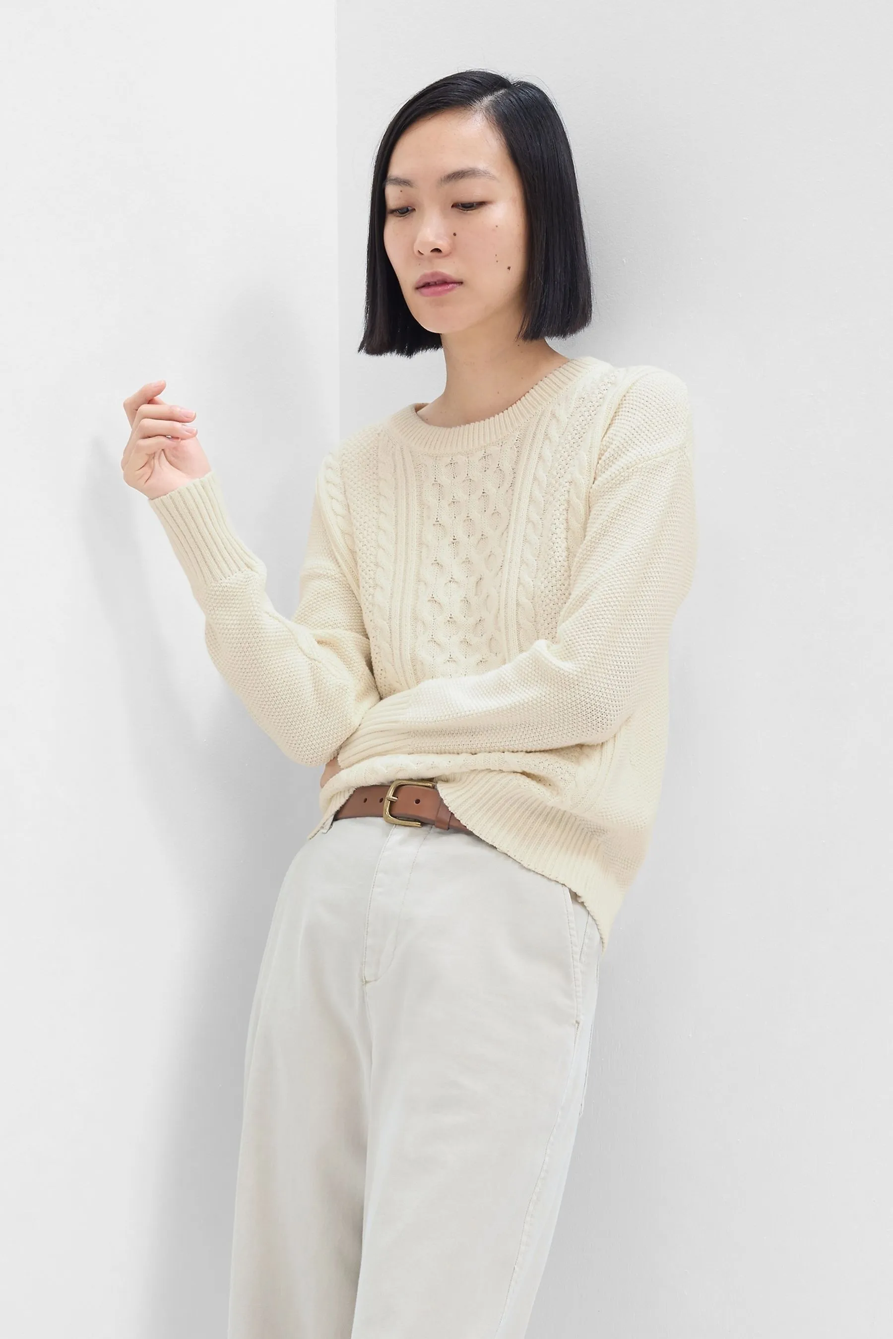 Cream Cable-Knit Crewneck Jumper