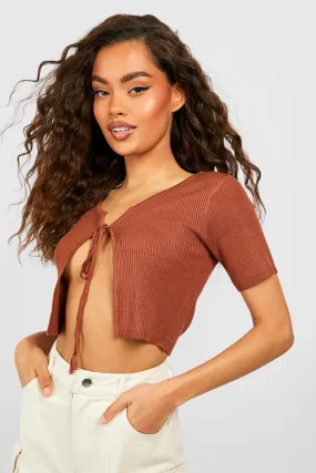 Crop Tie Front Rib Knit Cardigan
