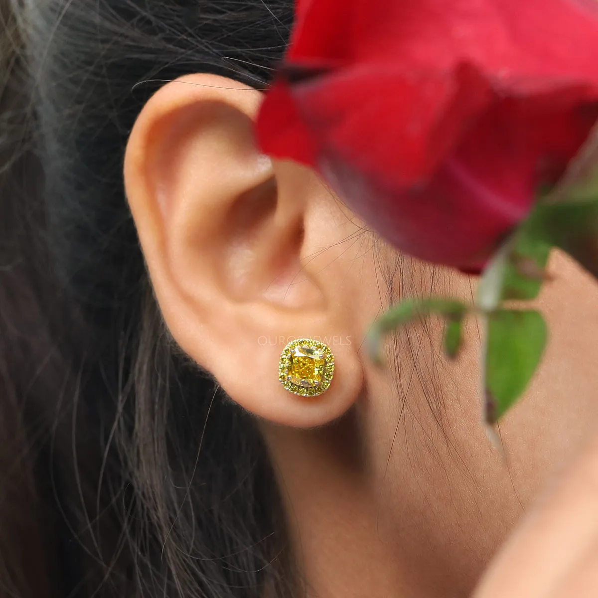 Cushion Cut Yellow Diamond Halo Stud Earrings