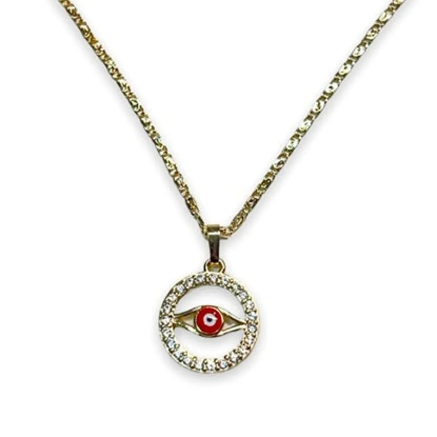 Cz circle with red evil eye pendant necklace in 18k of gold plated