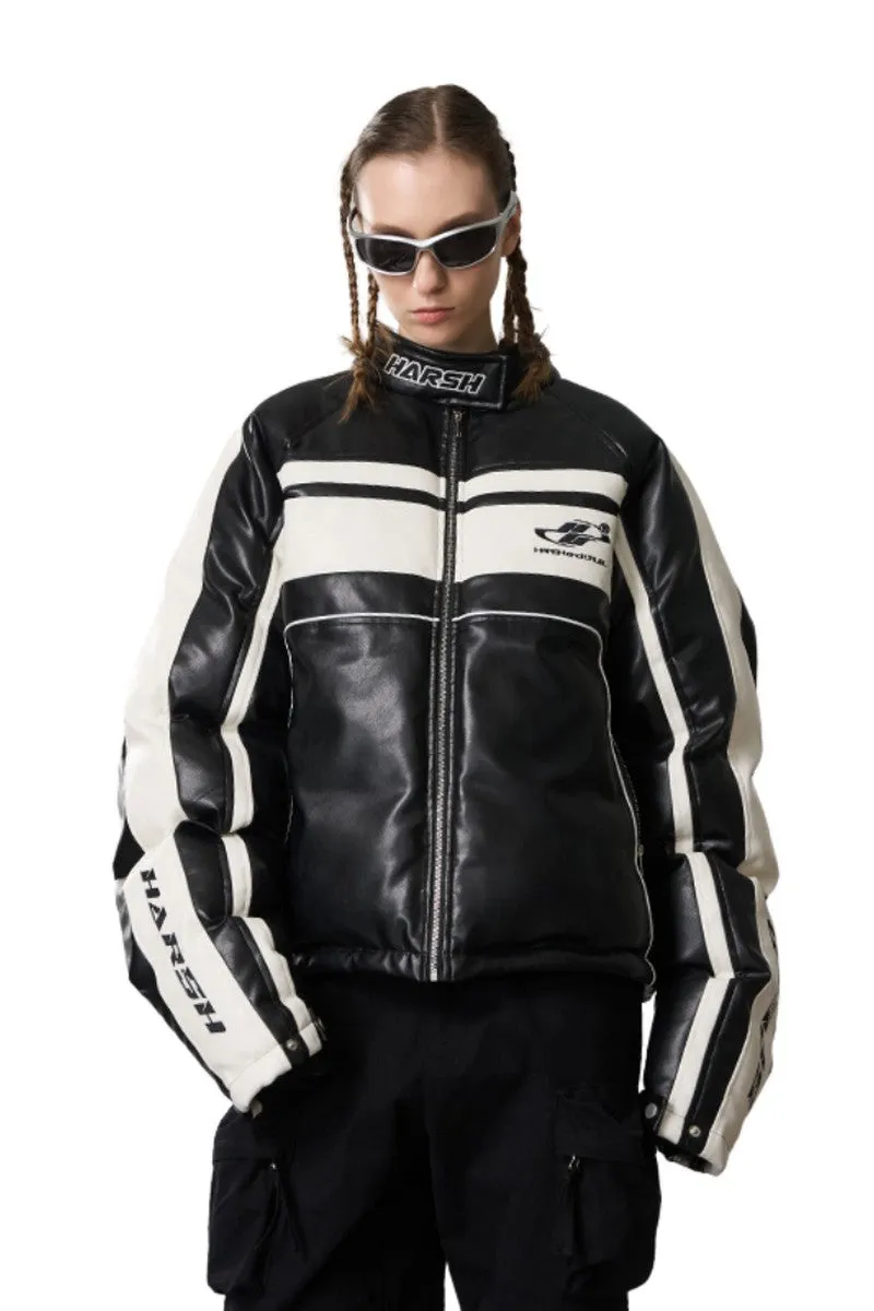 Deconstructed Stitched Racing Leather Down Jacket