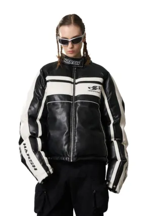 Deconstructed Stitched Racing Leather Down Jacket