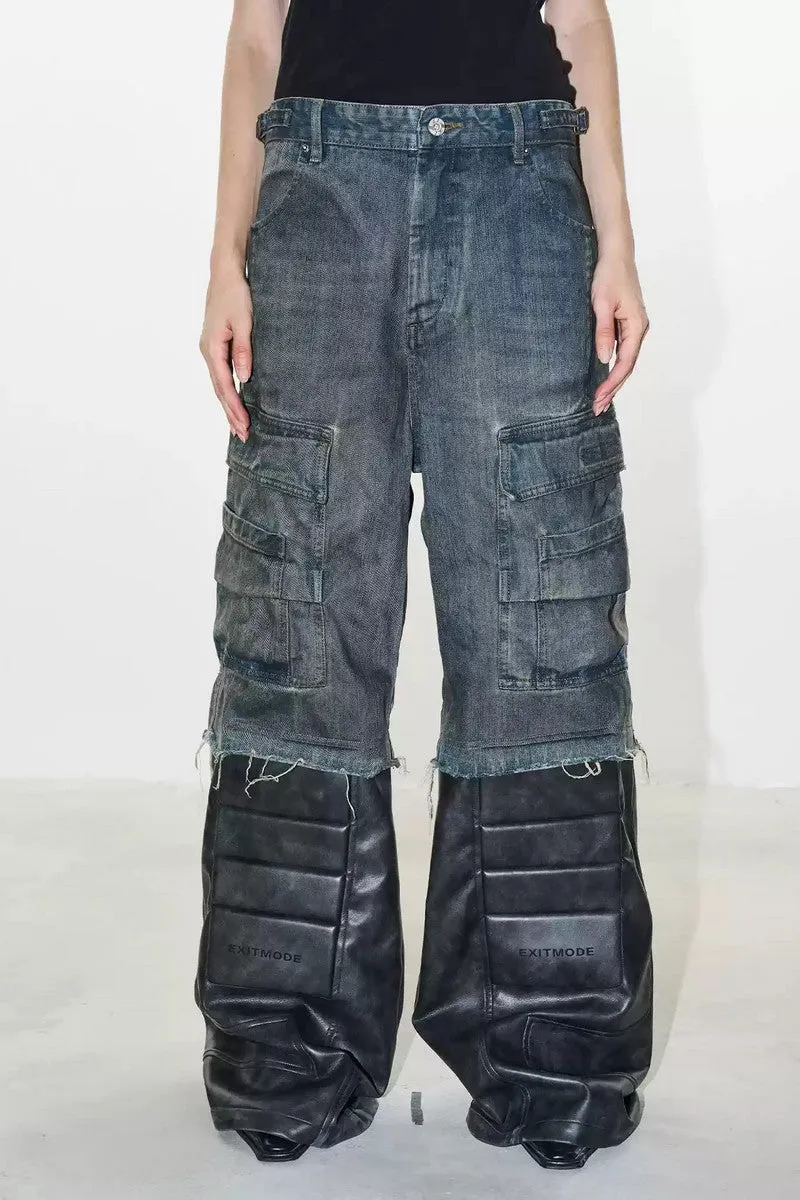 Denim Panel Biker Cargo Pants