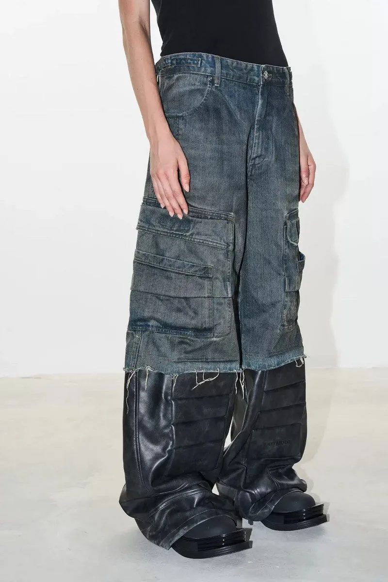 Denim Panel Biker Cargo Pants