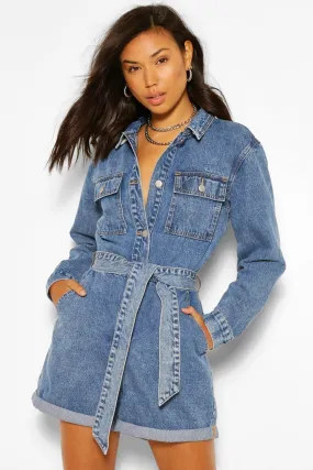 Denim Pocket Belted Romper