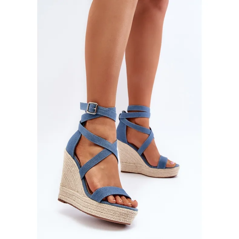 Denim wedge sandals with braid, Blue Salthe