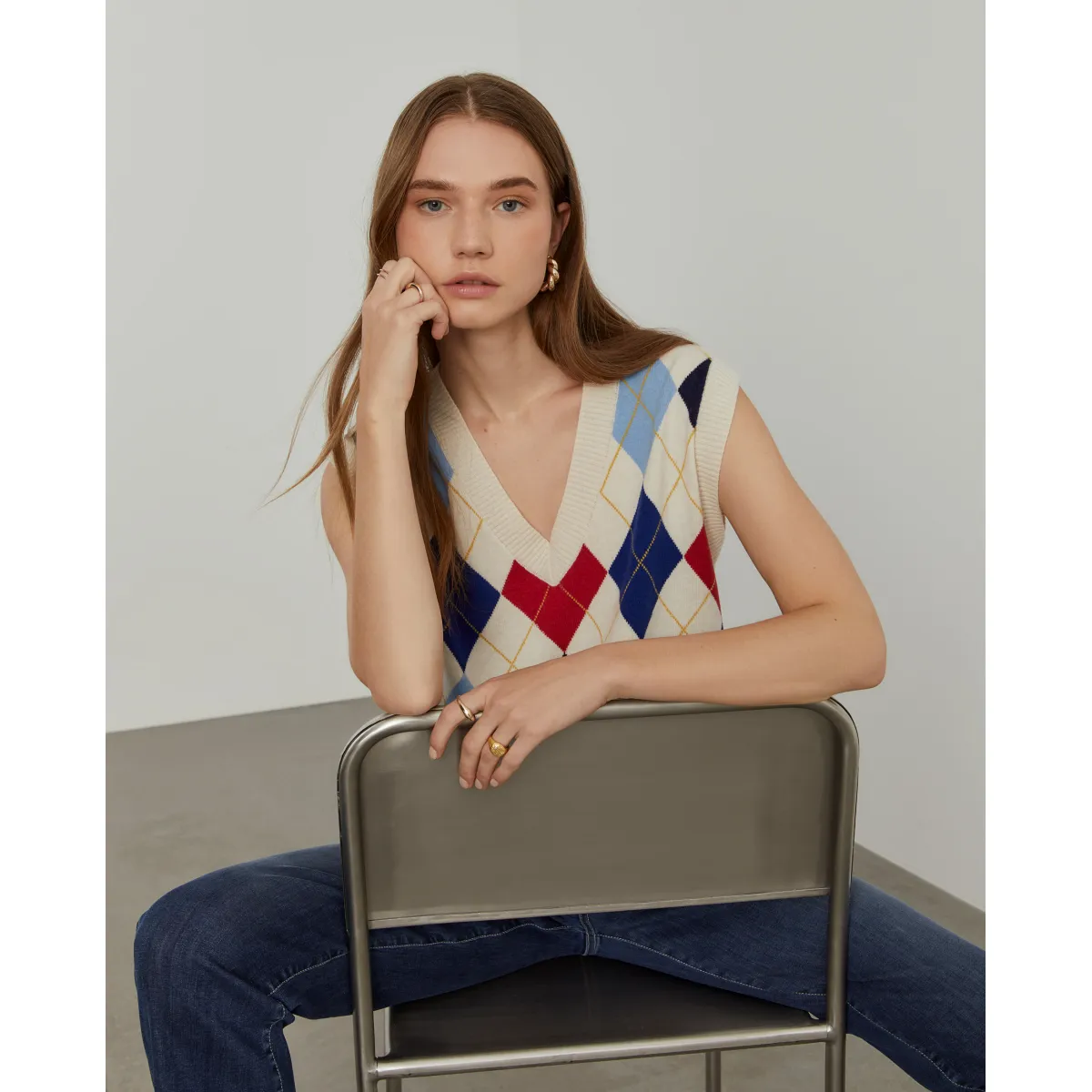 Diamond knitted vest with wool and cashmere