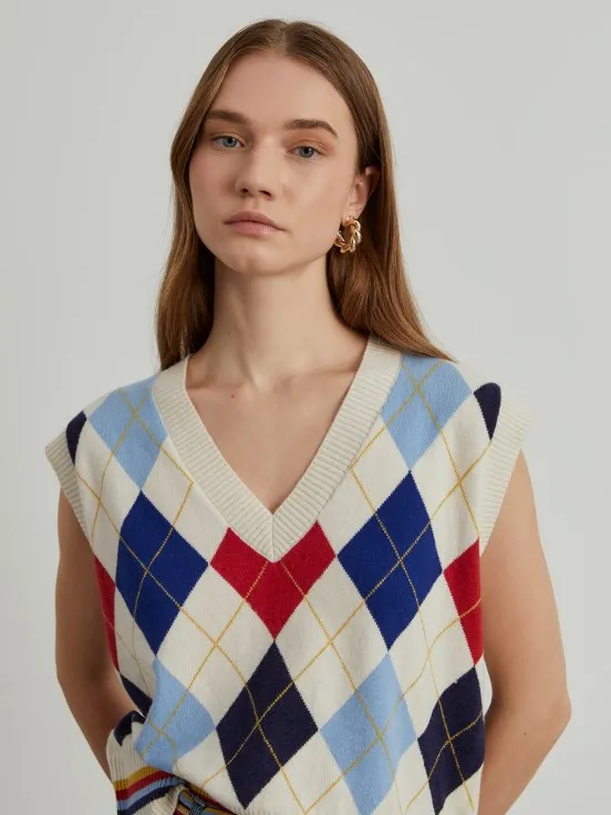 Diamond knitted vest with wool and cashmere