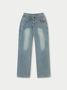 DISTRESSED DOUBLE WAISTBAND JEANS - BLUE WASH