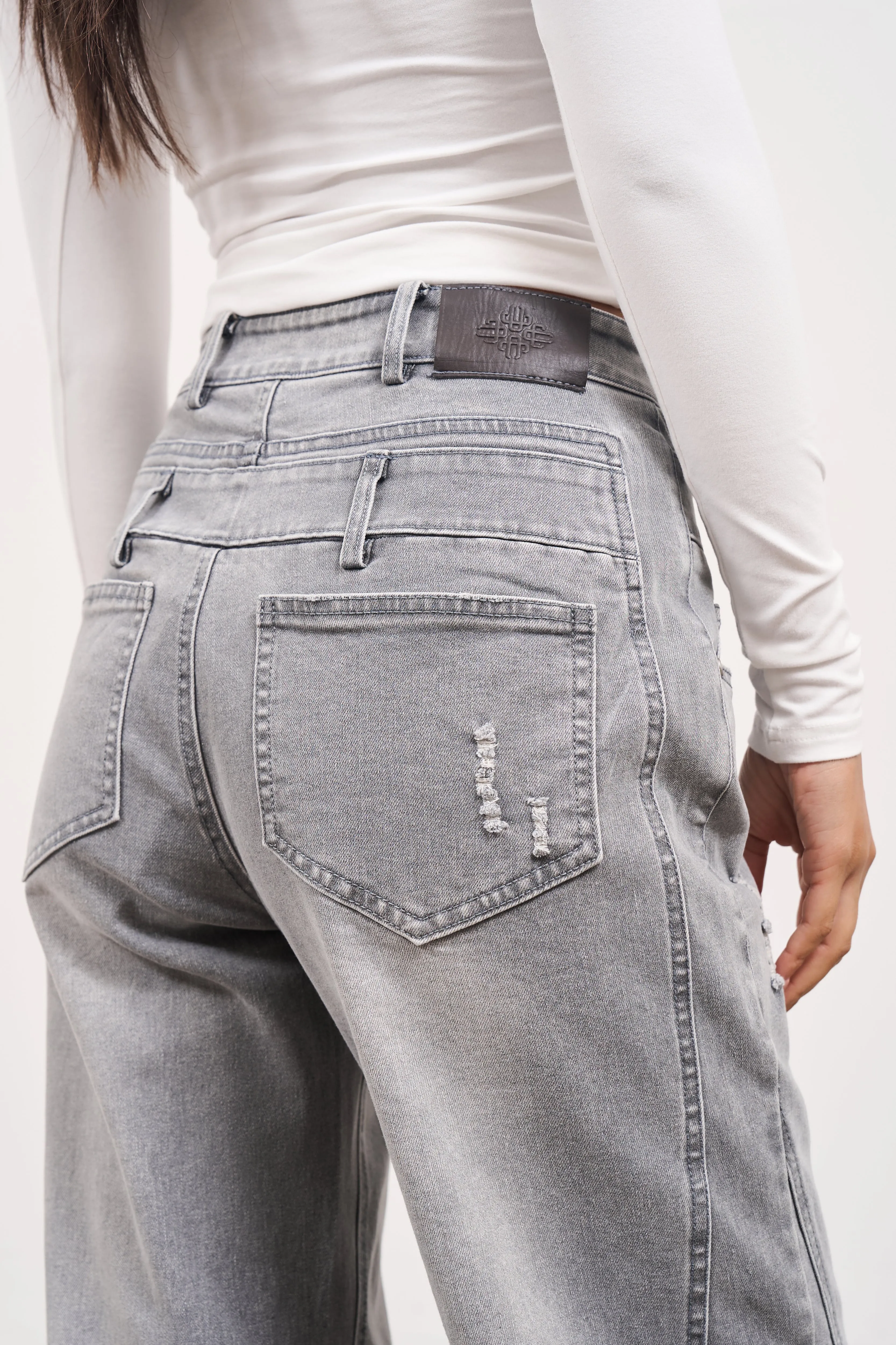 DISTRESSED DOUBLE WAISTBAND JEANS - GREY WASH