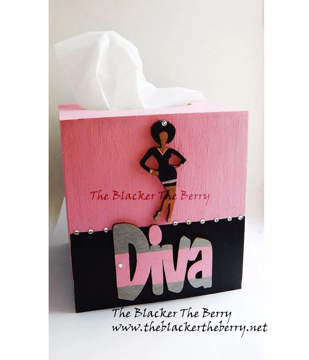 Diva Tissue Box Cover Diva Pink Black Wooden Home Decor Afrocentric Hand Painted