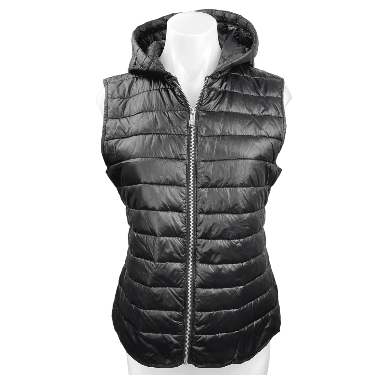 DKNY Black Sleeveless Full Zip Outdoor Hooded Puffer Vest Jacket Size S