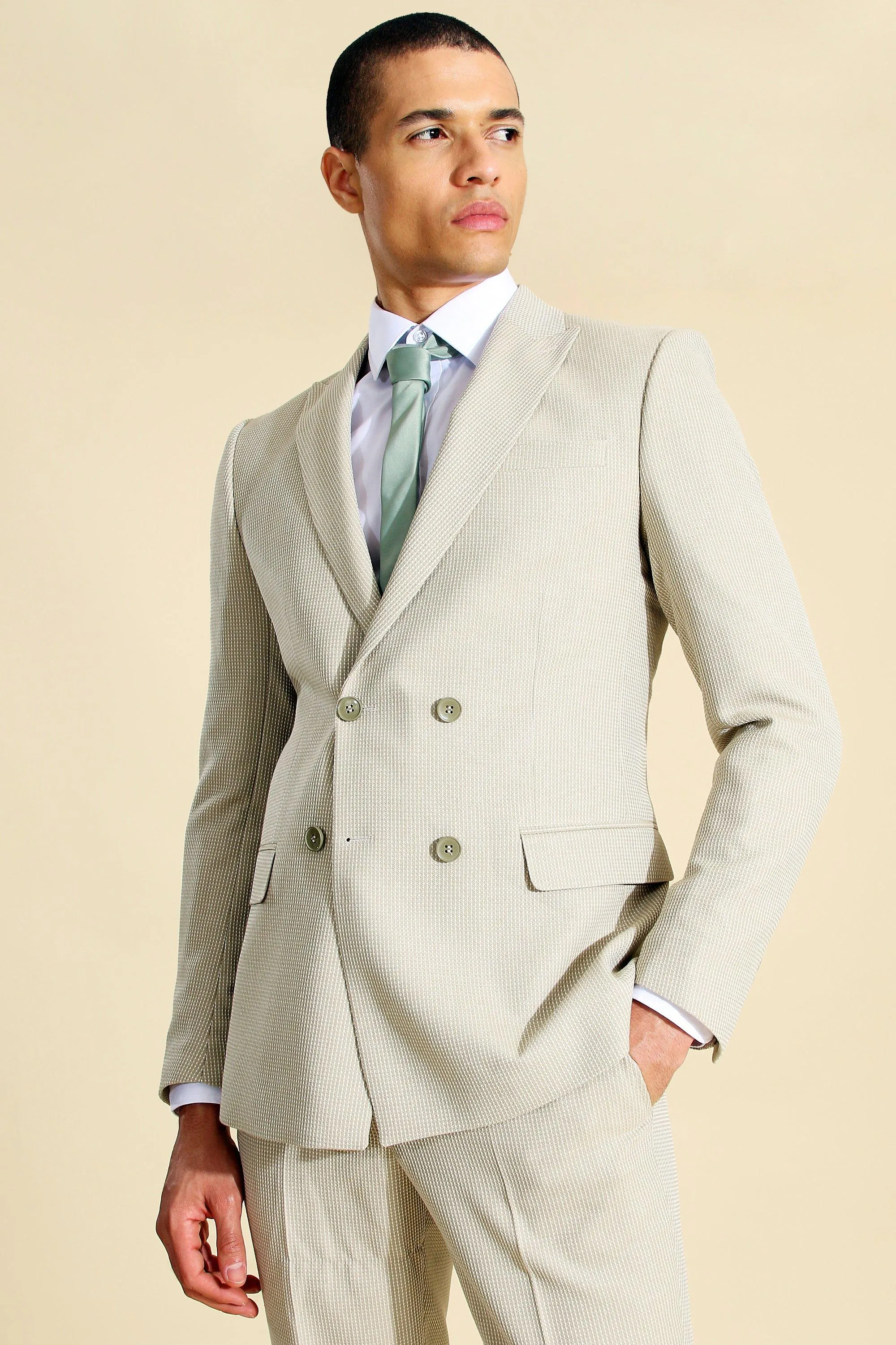 Double Breasted Textured Skinny Suit Jacket