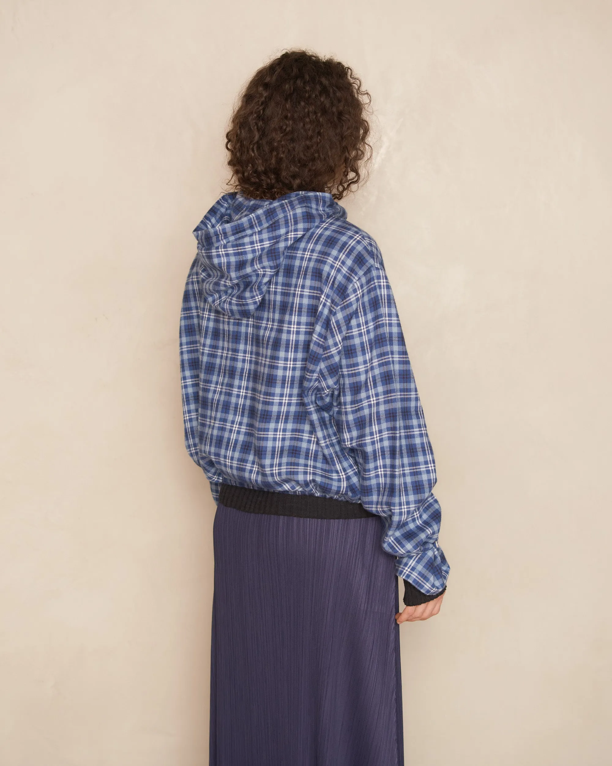 Dusty Blue Flannel Check Hooded Jacket