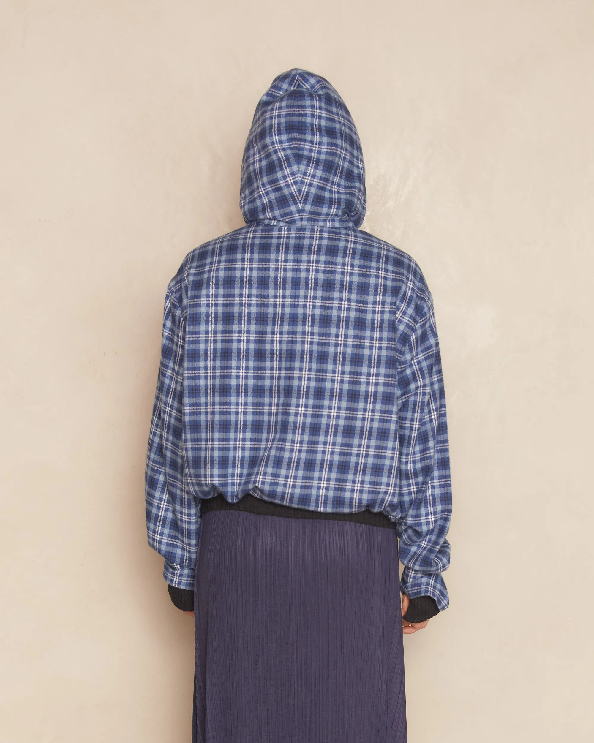 Dusty Blue Flannel Check Hooded Jacket