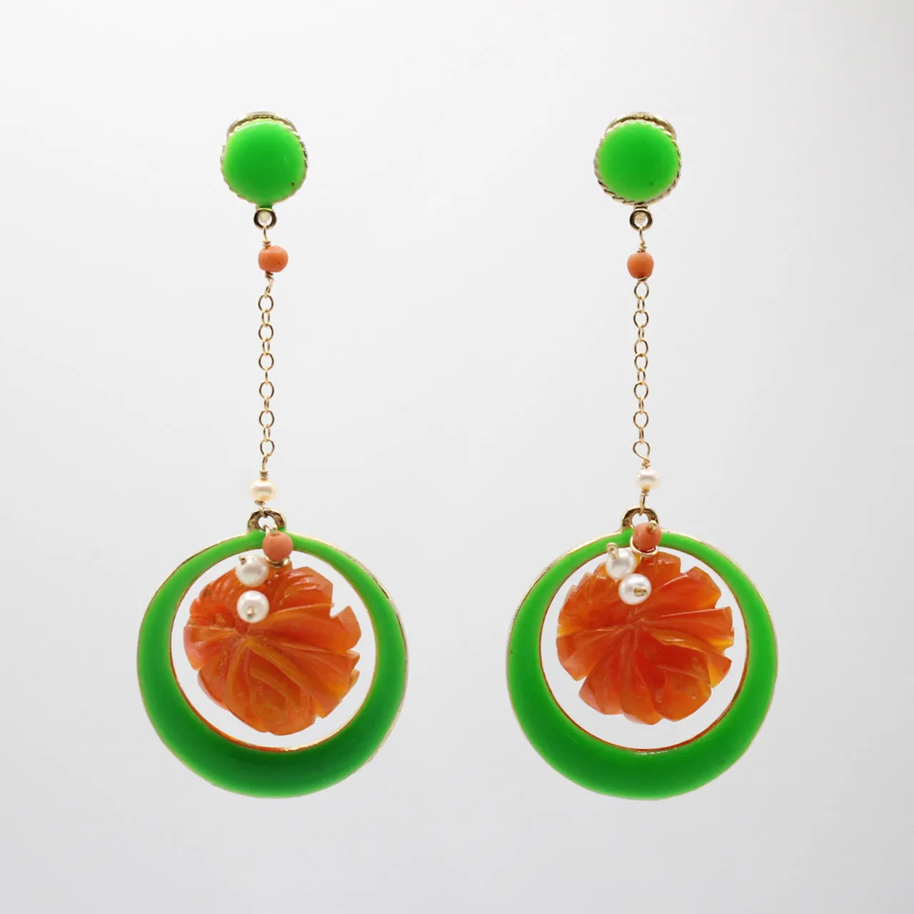 ELIZABETH Neon Green Enamel Bakelite Pearl Drop Earrings