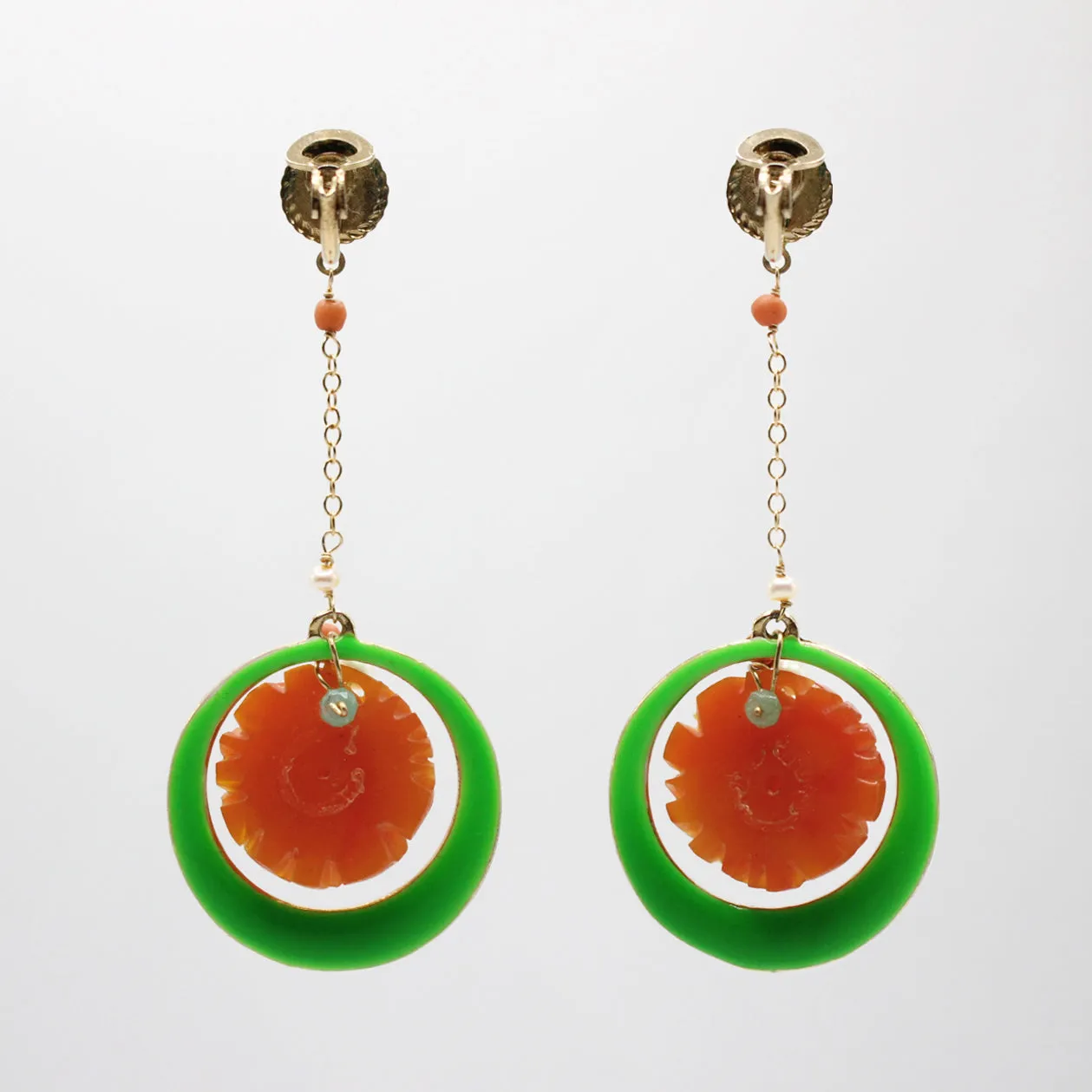 ELIZABETH Neon Green Enamel Bakelite Pearl Drop Earrings