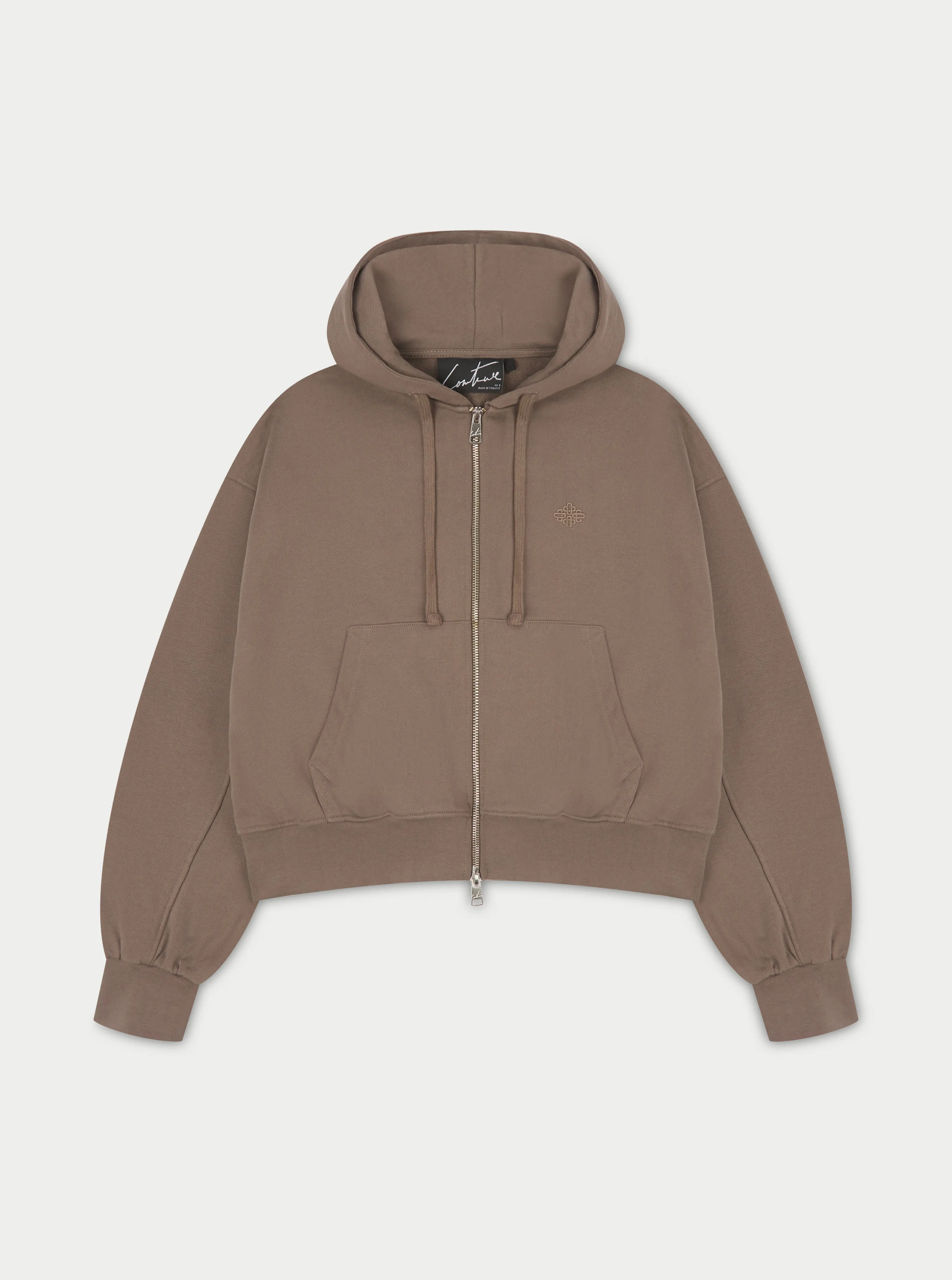 EMBLEM ZIP THROUGH RELAXED HOODIE - BROWN