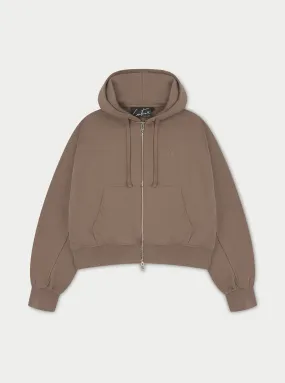 EMBLEM ZIP THROUGH RELAXED HOODIE - BROWN