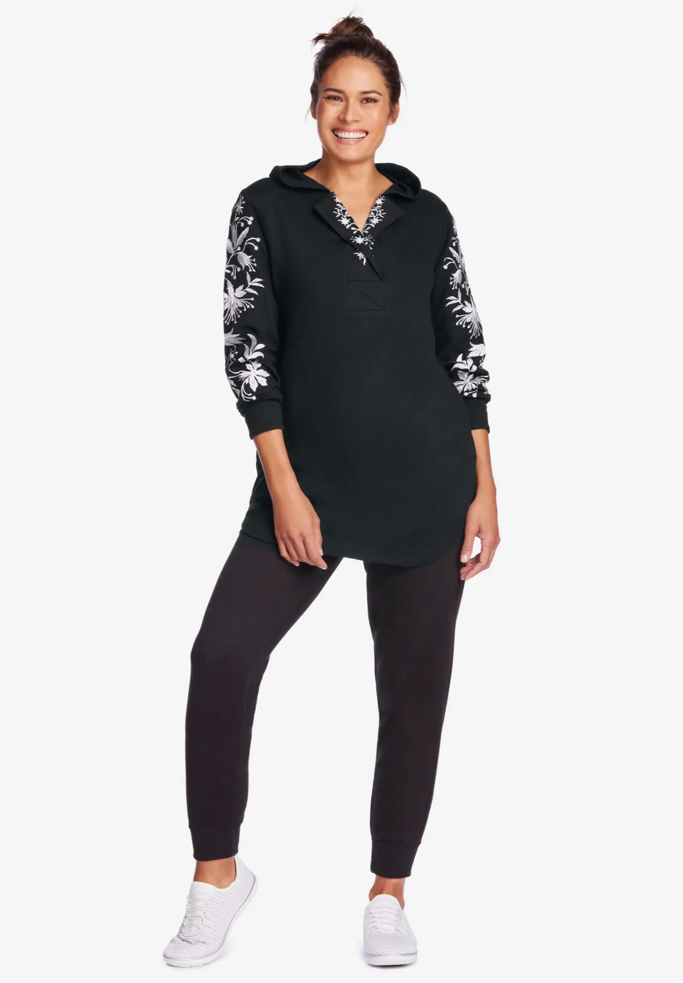 Embroidered Split-Neck Sweatshirt Tunic