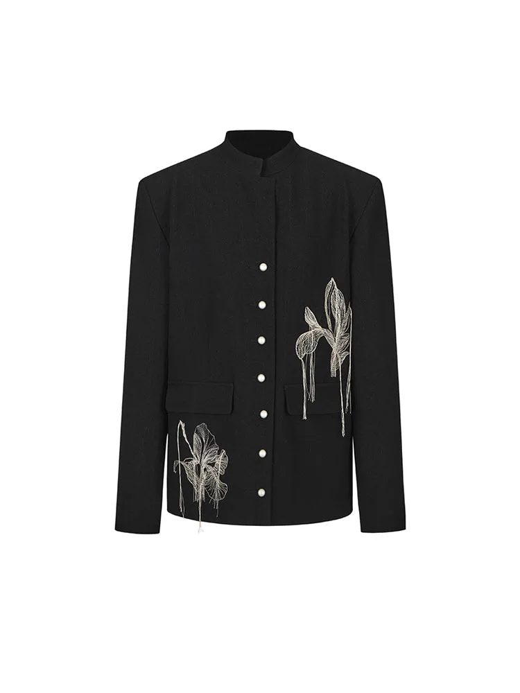 Embroidery Nichi Flower Band-Collar Jacket
