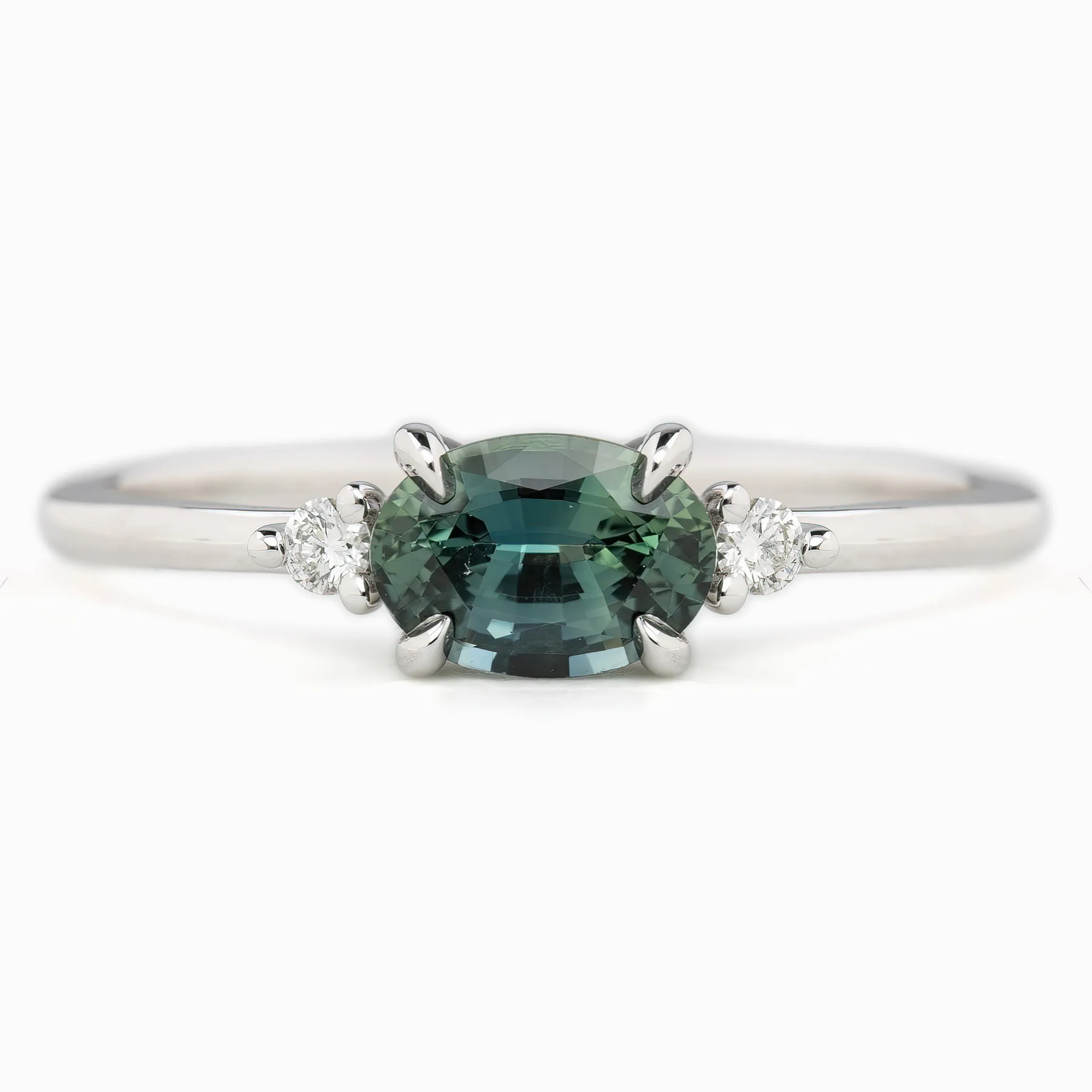 Emilie Ring 0.97ct Blue Green Madagascar Sapphire, 14k White Gold (One of a kind)