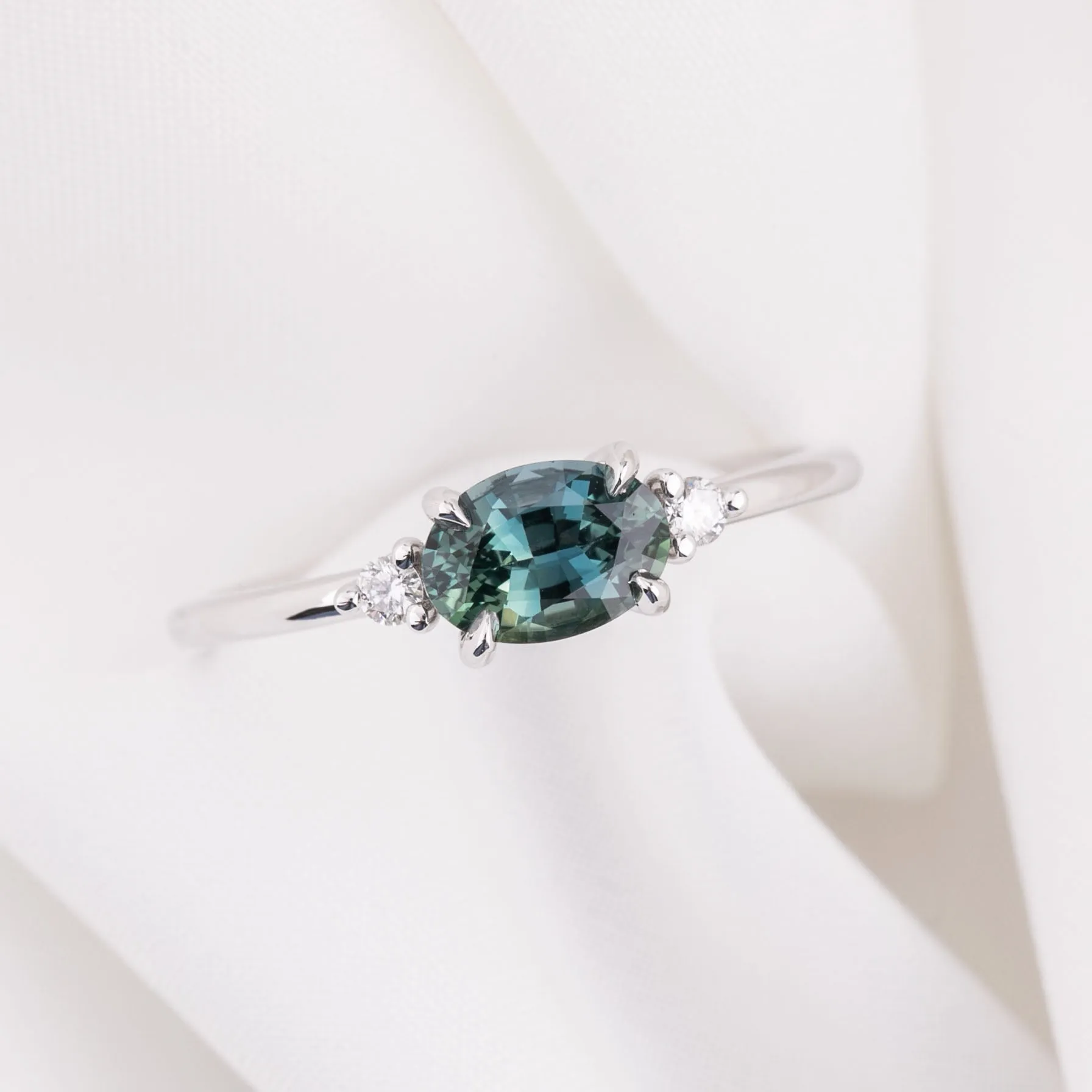 Emilie Ring 0.97ct Blue Green Madagascar Sapphire, 14k White Gold (One of a kind)